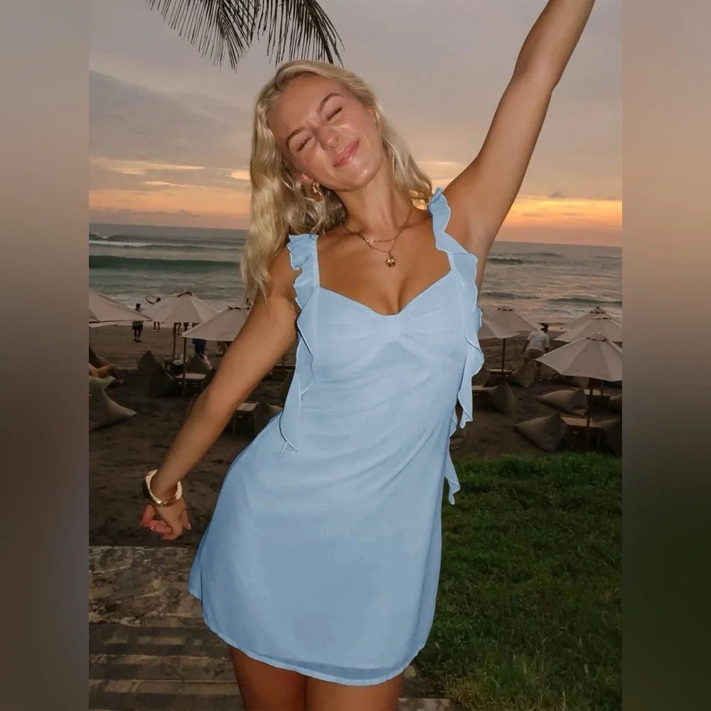 Dusty Blue Bow Satin Mini Dress - Picture 4 of 5